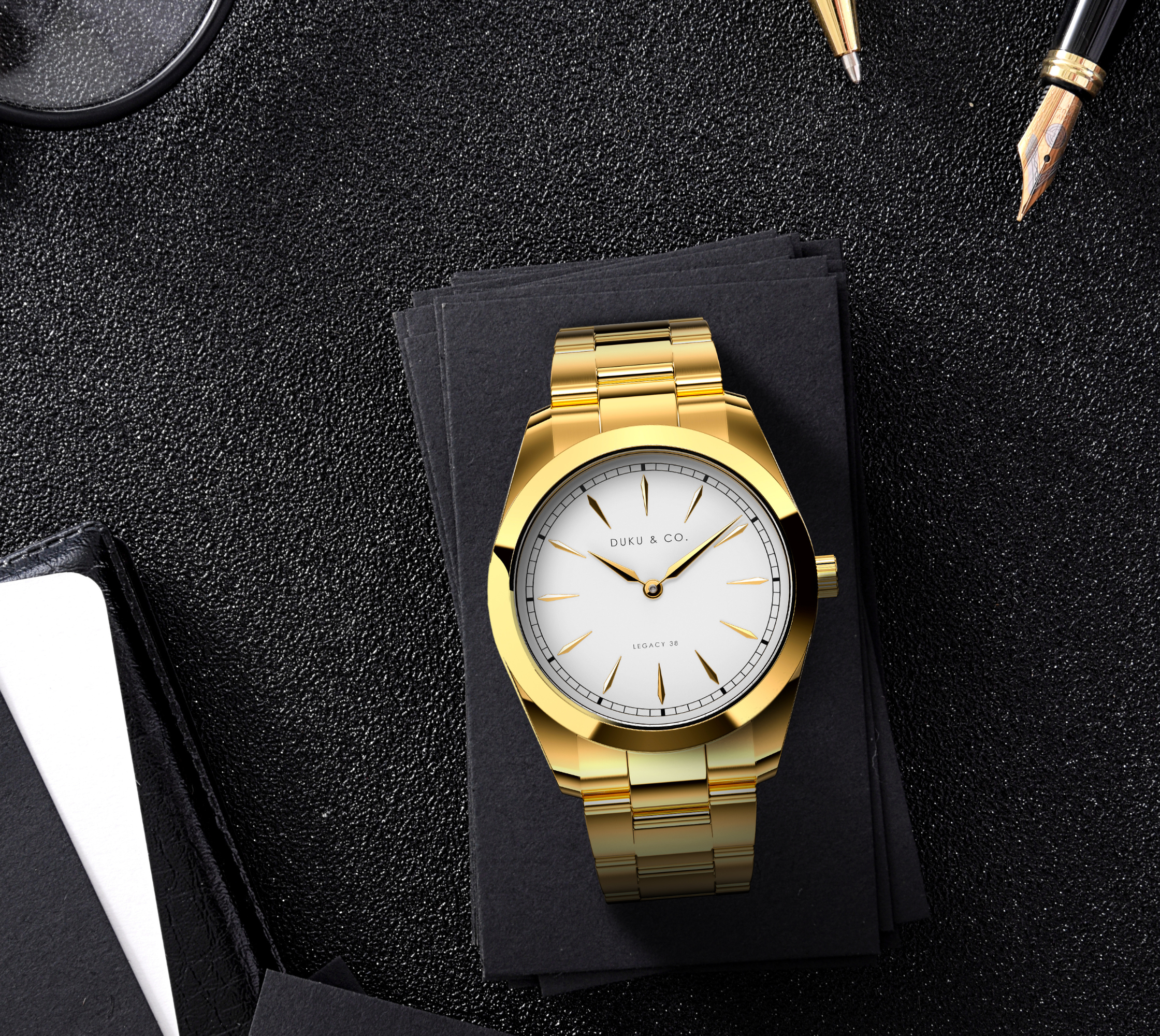 gold and white stainless steel watch