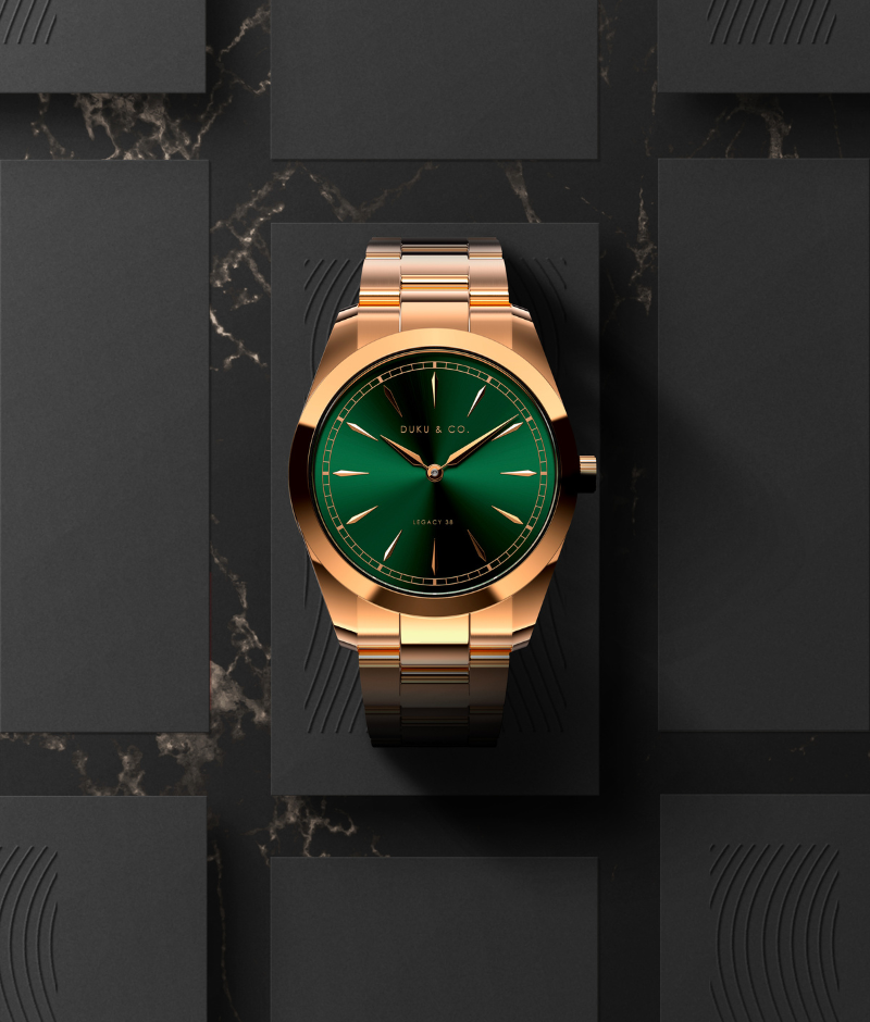 rose gold and green stainless steel watch from Duku & co.